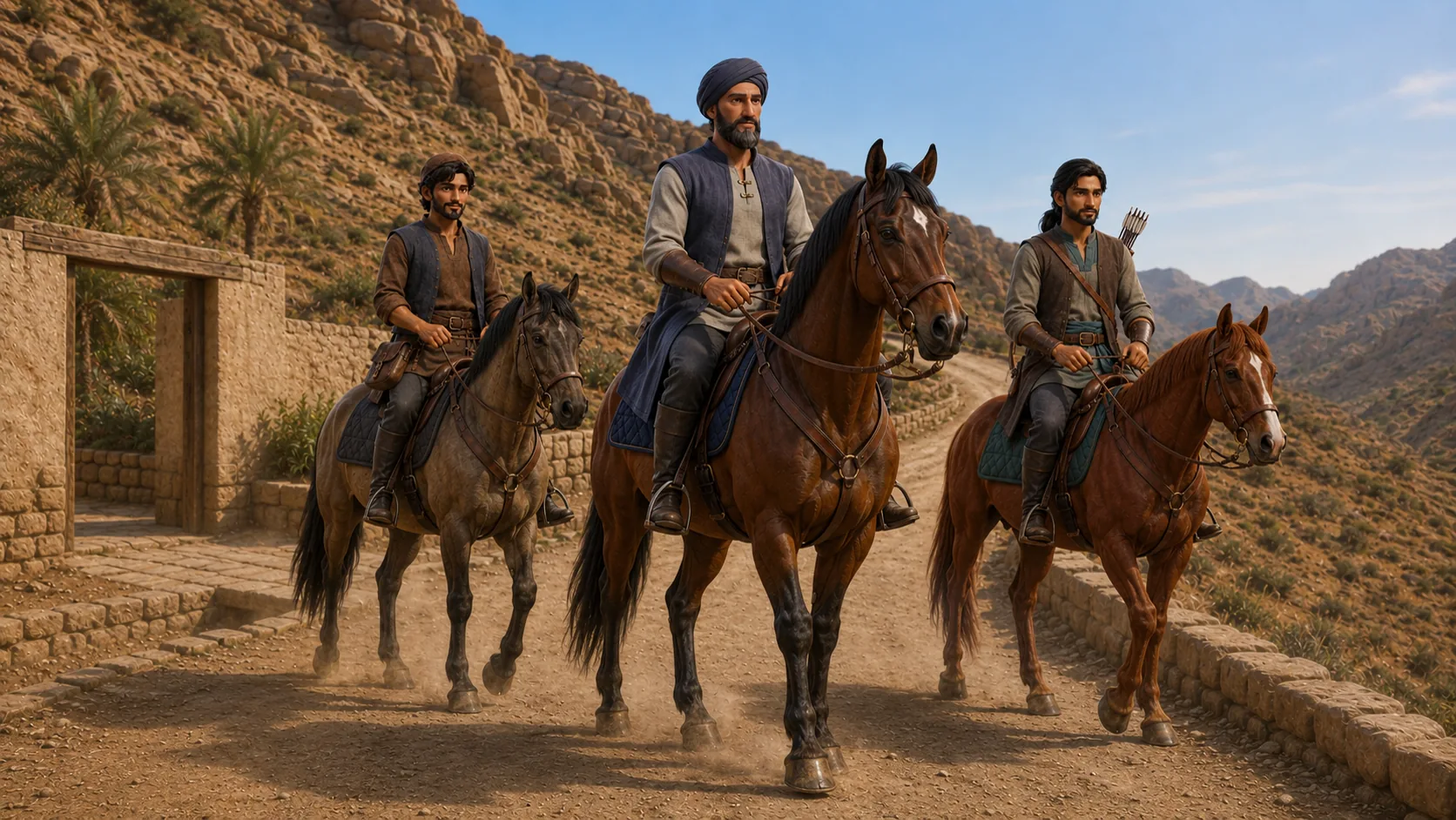 Ameer Hamza and companions riding through the mountains